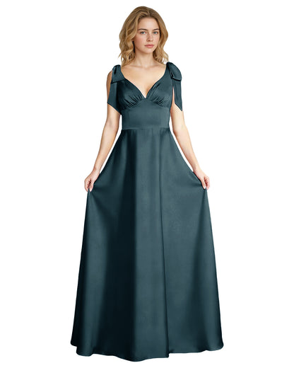 V-Neck Bow Strap Satin Bridesmaid Dress with Empire Waist