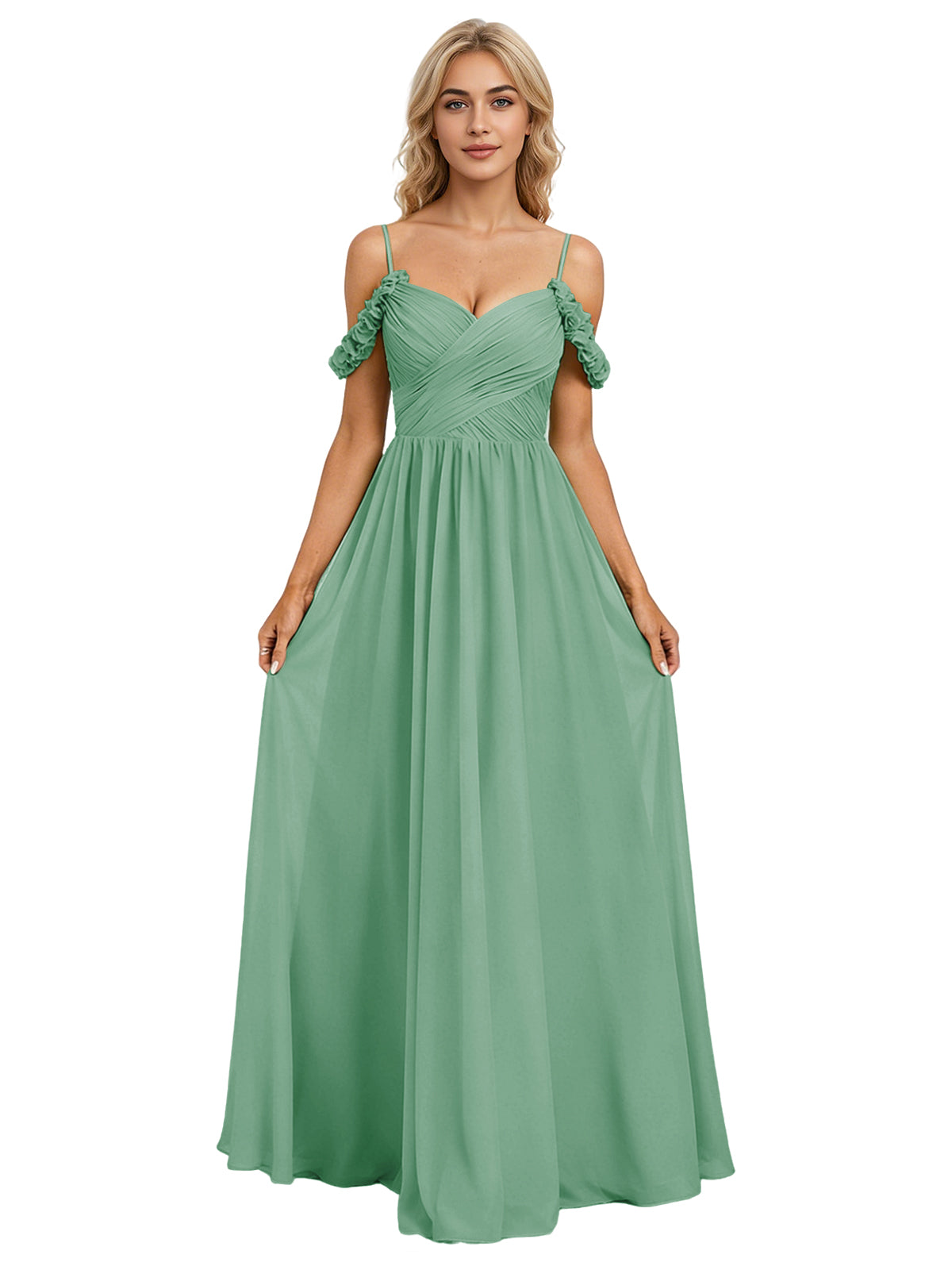 Off Shoulder Lace Applique Bridesmaid Dress with Flowing Chiffon dress