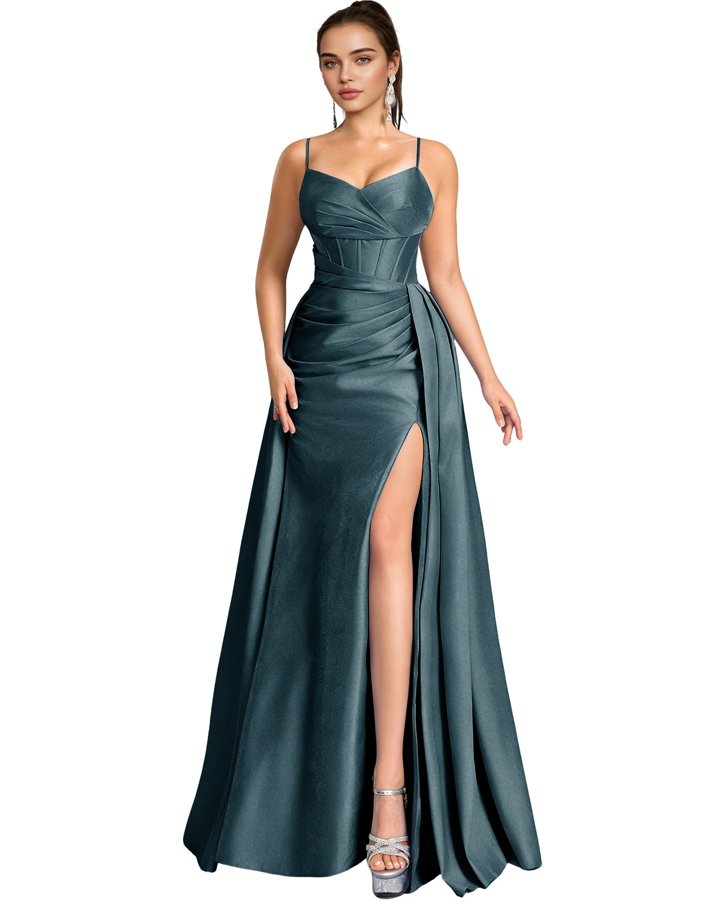 One Shoulder Satin A-Line Prom Dress with Wrap Bodice and Side Slit