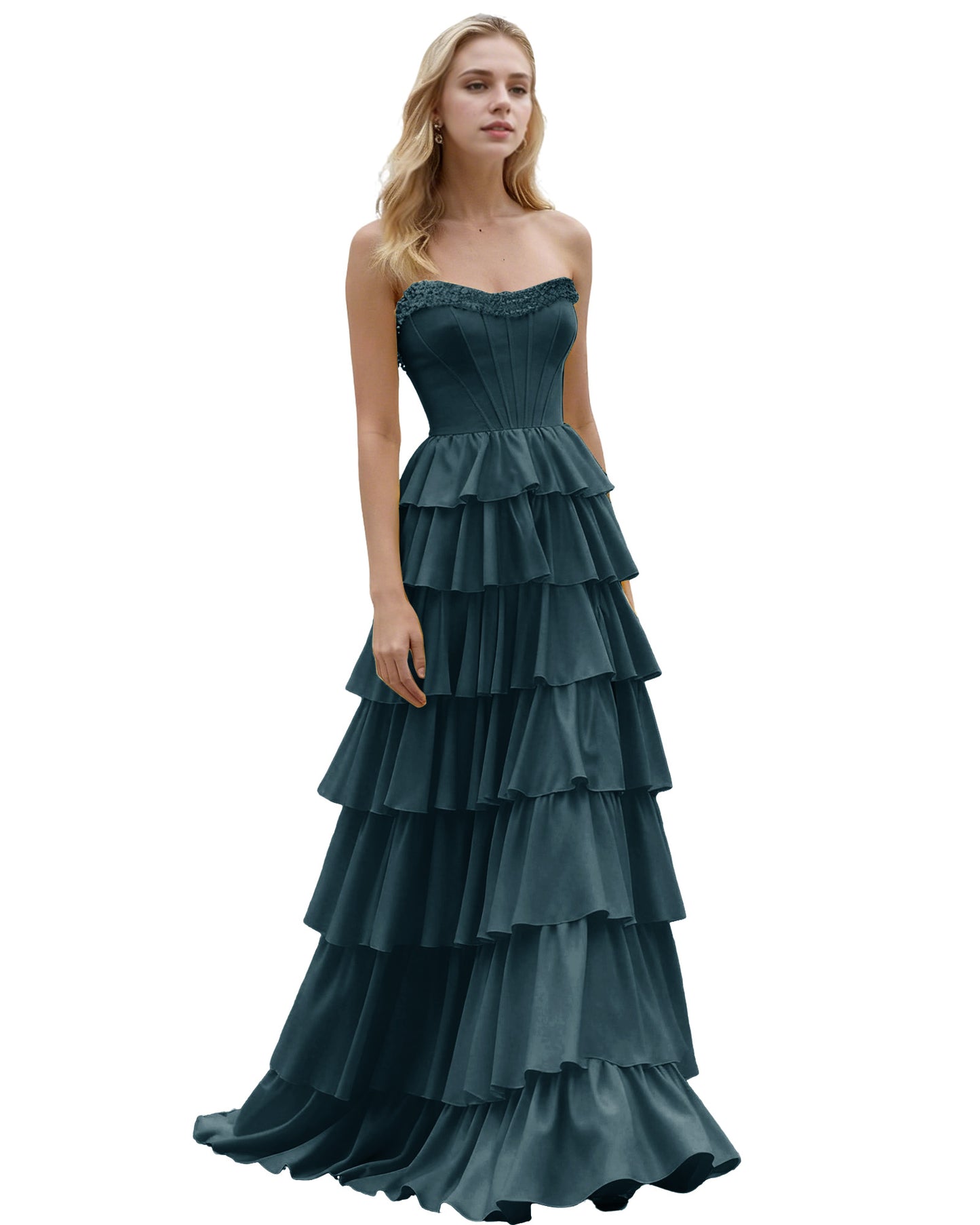 Strapless Tiered Ruffle A-Line Prom Dress with Corset Bodice