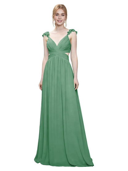 Ruffle Strap V-Neck Tulle Bridesmaid Dress with Pleated Waist