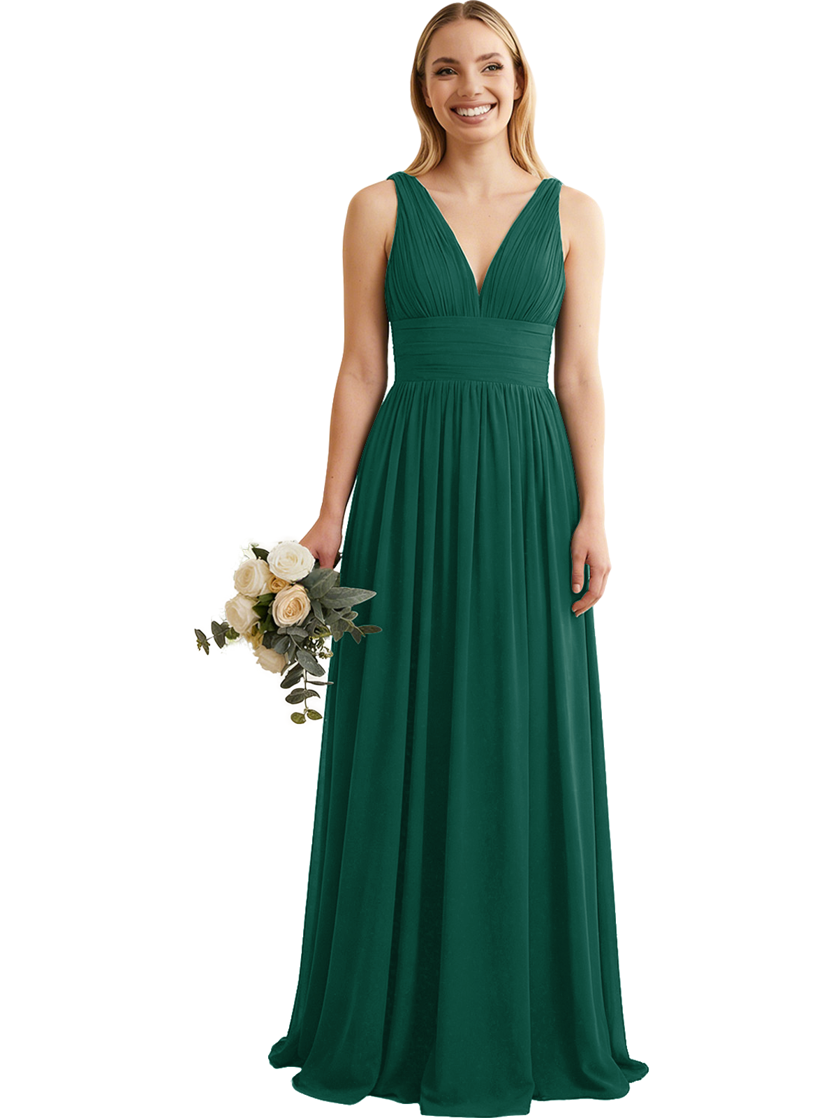 Deep V-Neck Chiffon Bridesmaid Dress with Pleated Waist