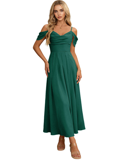 Off Shoulder Midi Bridesmaid Dress with Pleated Bodice and Flowing dress
