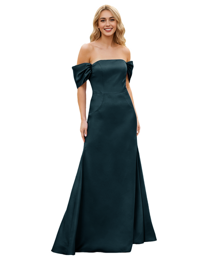 Off Shoulder Satin Bridesmaid Dress with Foldover Neckline and Trumpet Dress