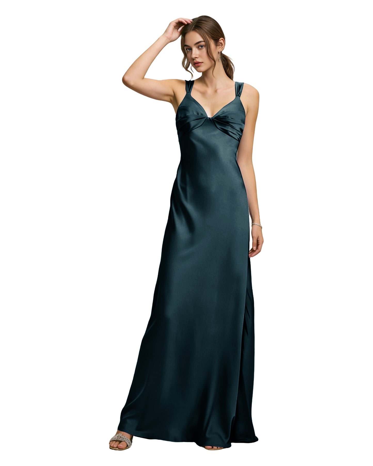 Satin Cowl Neck Bridesmaid Dress with Spaghetti Straps and Bias Cut