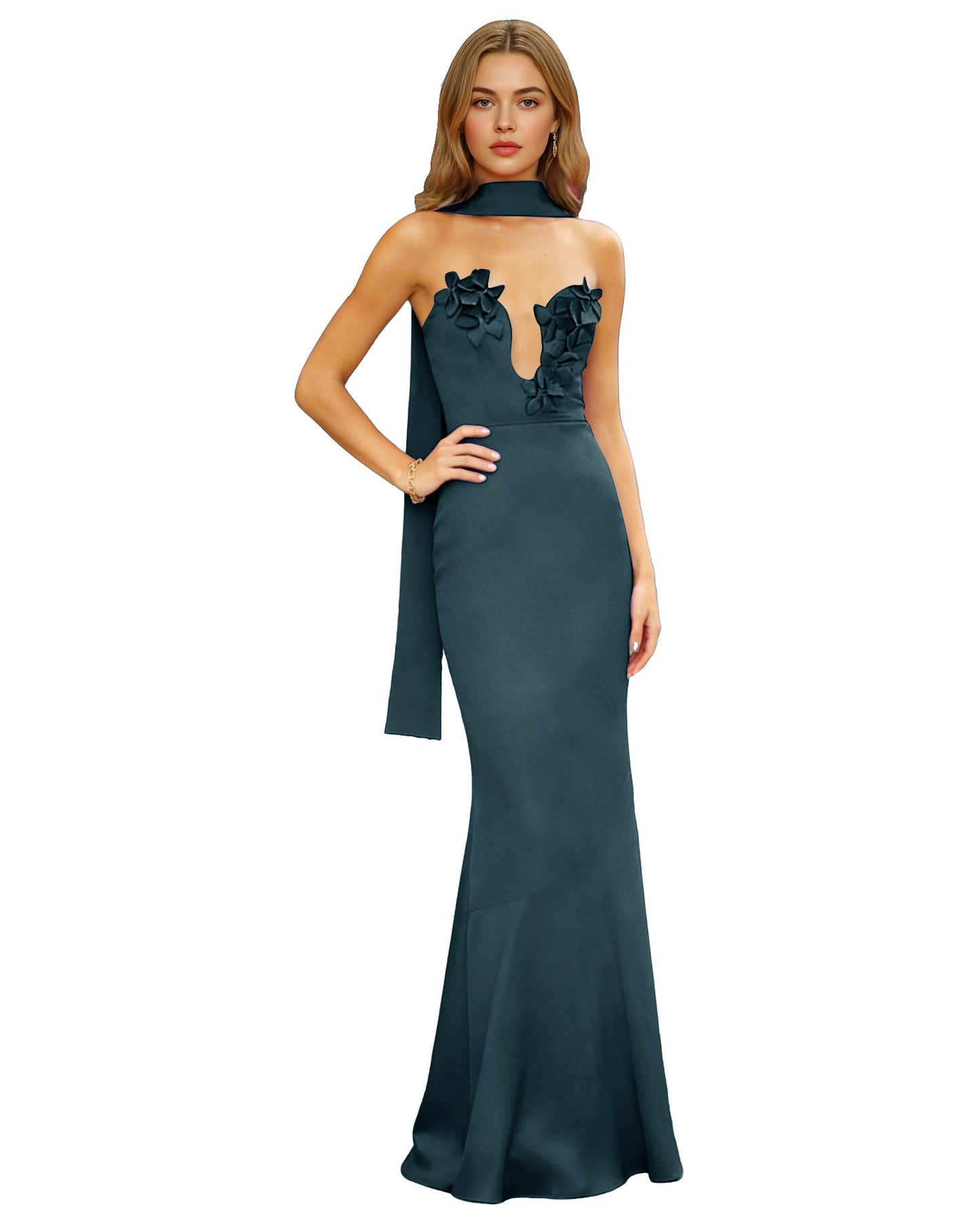 Halter Neck Satin Column Prom Dress with Illusion Cutout and Open Back