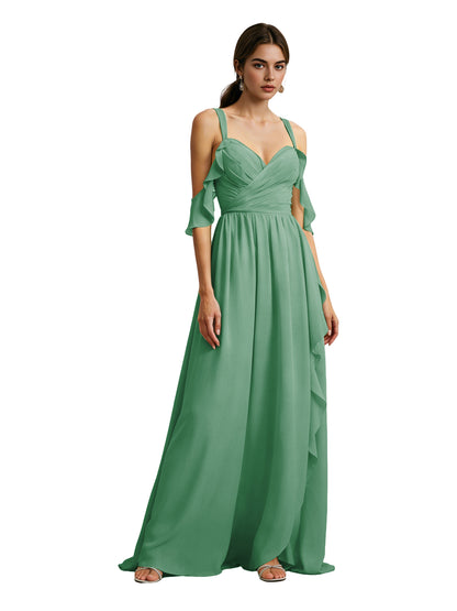 Cold Shoulder Chiffon Bridesmaid Dress with Draped V-Neck Bodice