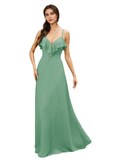 Ruffle V-Neck Chiffon Bridesmaid Dress with Spaghetti Straps