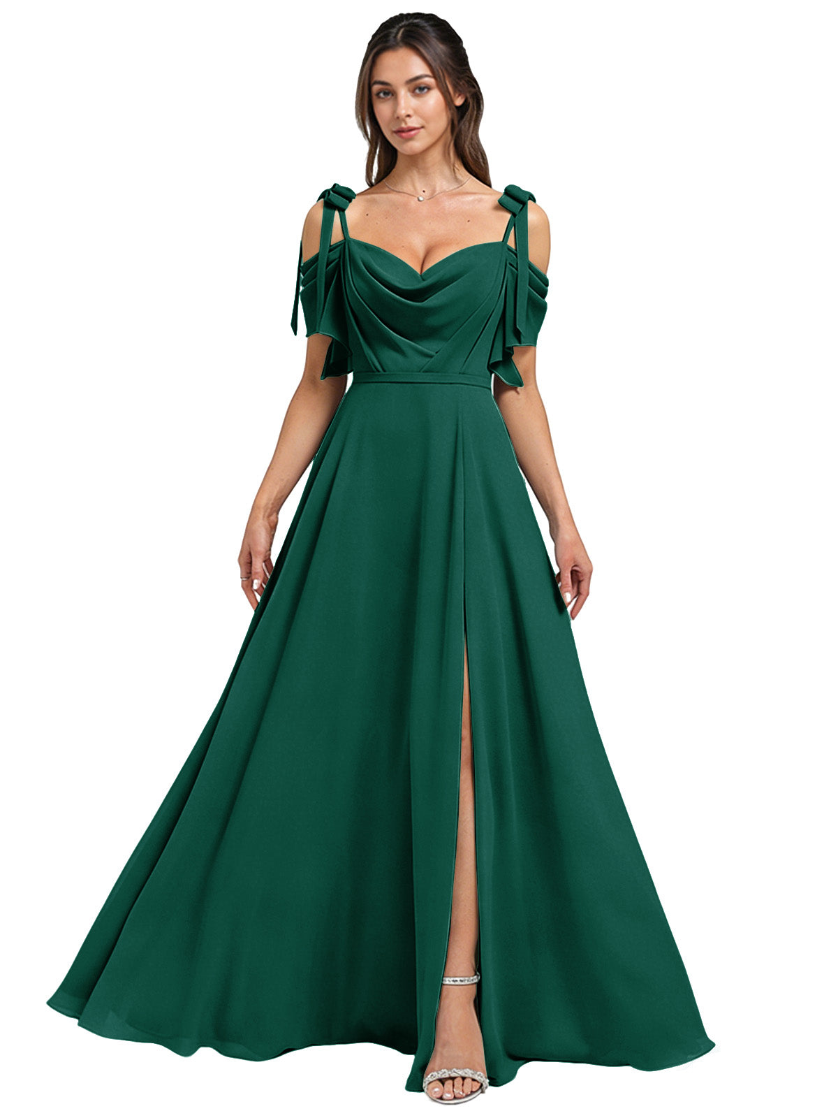 Cowl Neck Cold Shoulder Bridesmaid Dress with High Slit Chiffon Dress