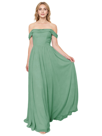 Off Shoulder Pleated Chiffon Bridesmaid Dress with Flowing A-Line Dress