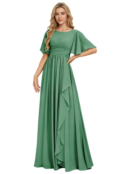 Flutter Sleeve Chiffon Bridesmaid Dress with Tiered Front Ruffle