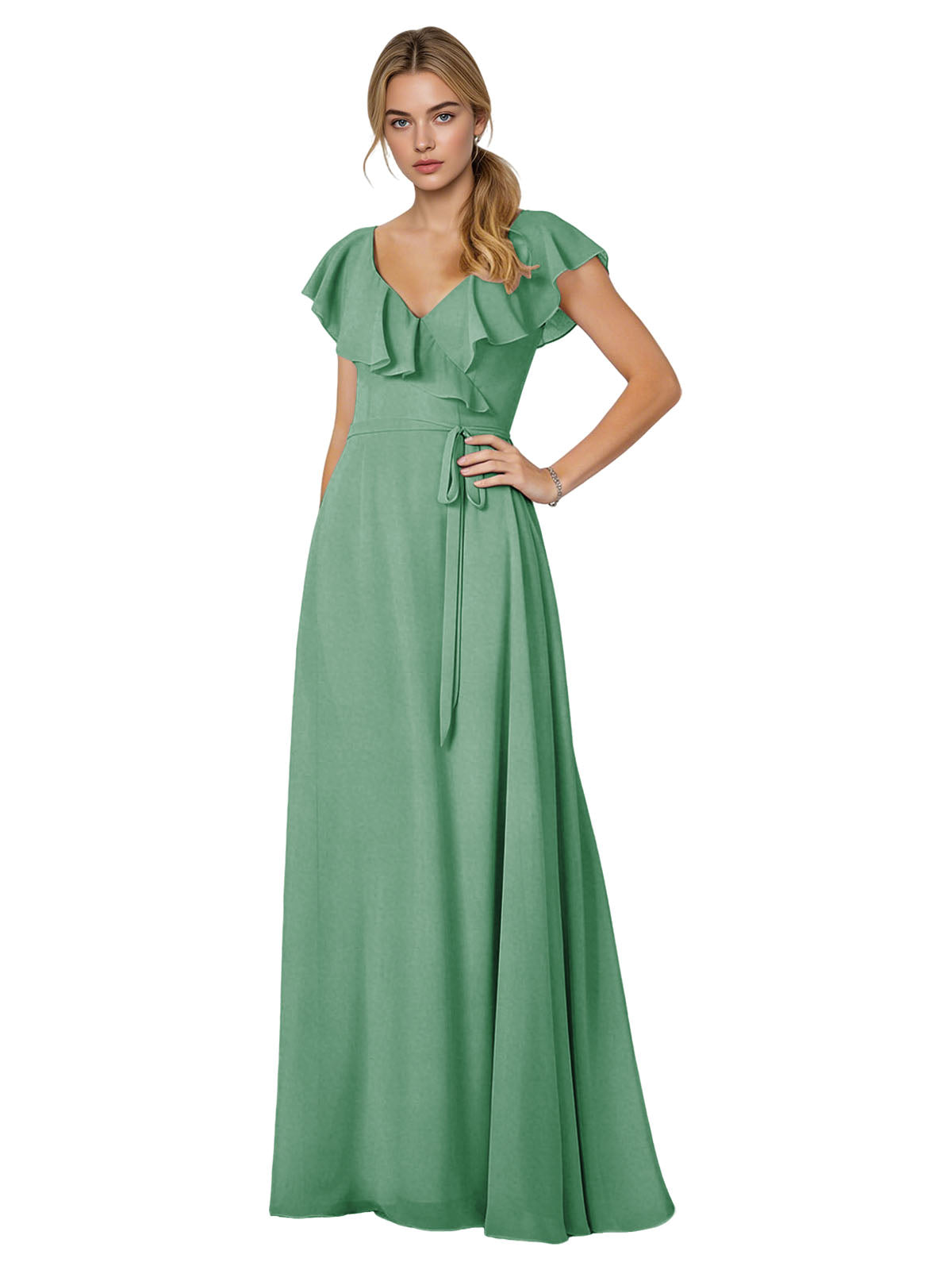 Tie Neck Chiffon Bridesmaid Dress with Flutter Sleeves