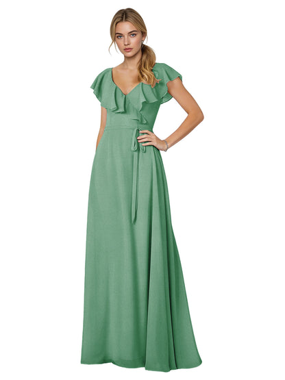 Tie Neck Chiffon Bridesmaid Dress with Flutter Sleeves