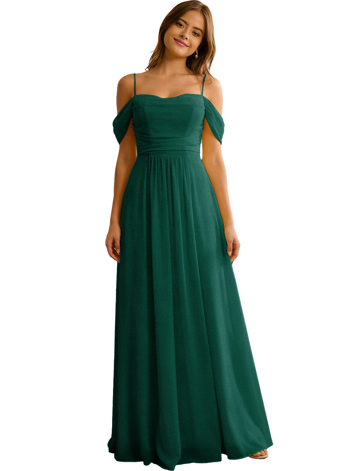 Off Shoulder Chiffon Bridesmaid Dress with Soft Pleated Bodice