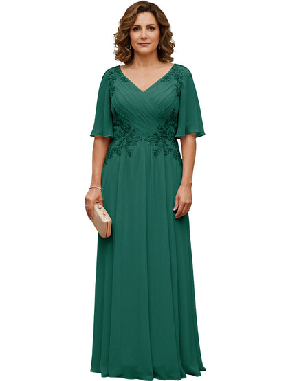 Mother of the Bride Dress Long Chiffon A-Line Gown with Flutter Sleeves and Beaded Lace
