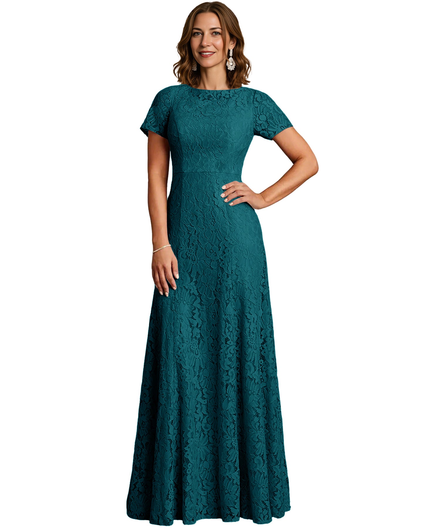 Long Lace Mother of the Bride Dress Short Sleeve Mermaid Gown with Crew Neckline