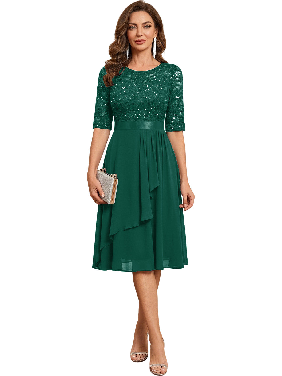 Knee Length Mother of the Bride Dress Sequined Lace Bodice Chiffon Skirt Formal Guest Outfit