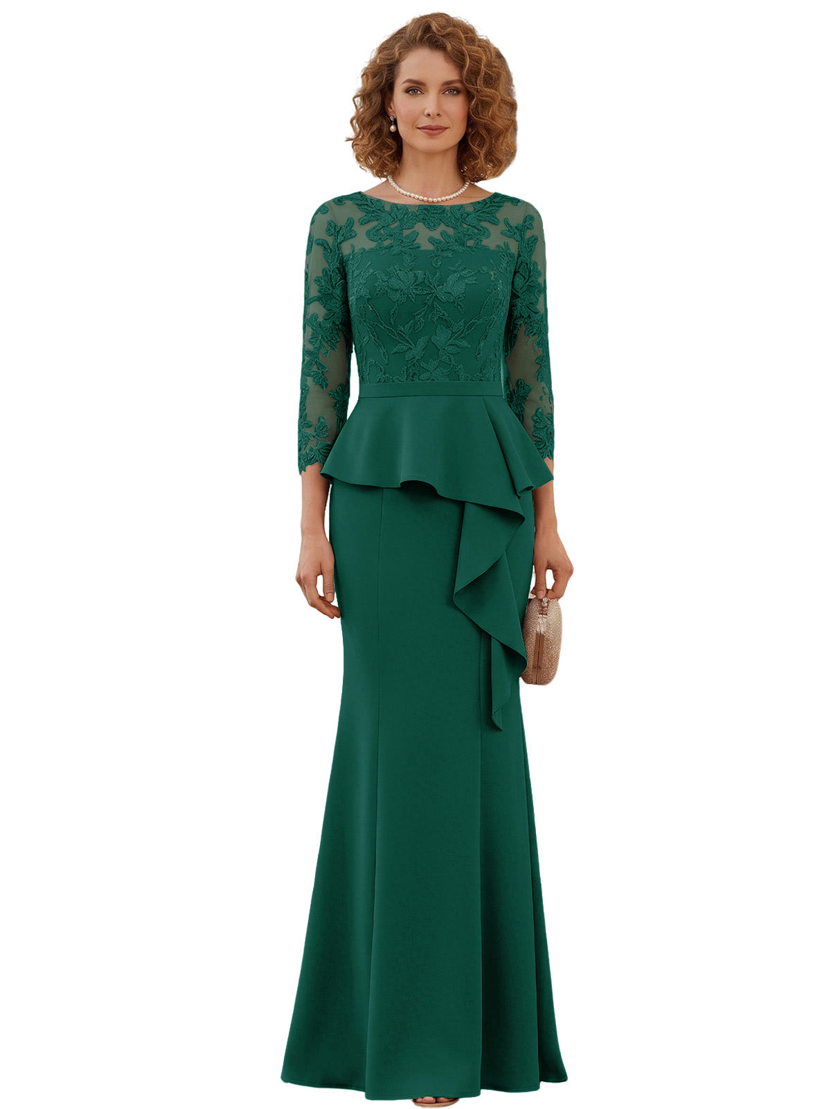 Long Mother of the Bride Dress Lace Illusion Bodice Peplum Mermaid Formal Evening Gown