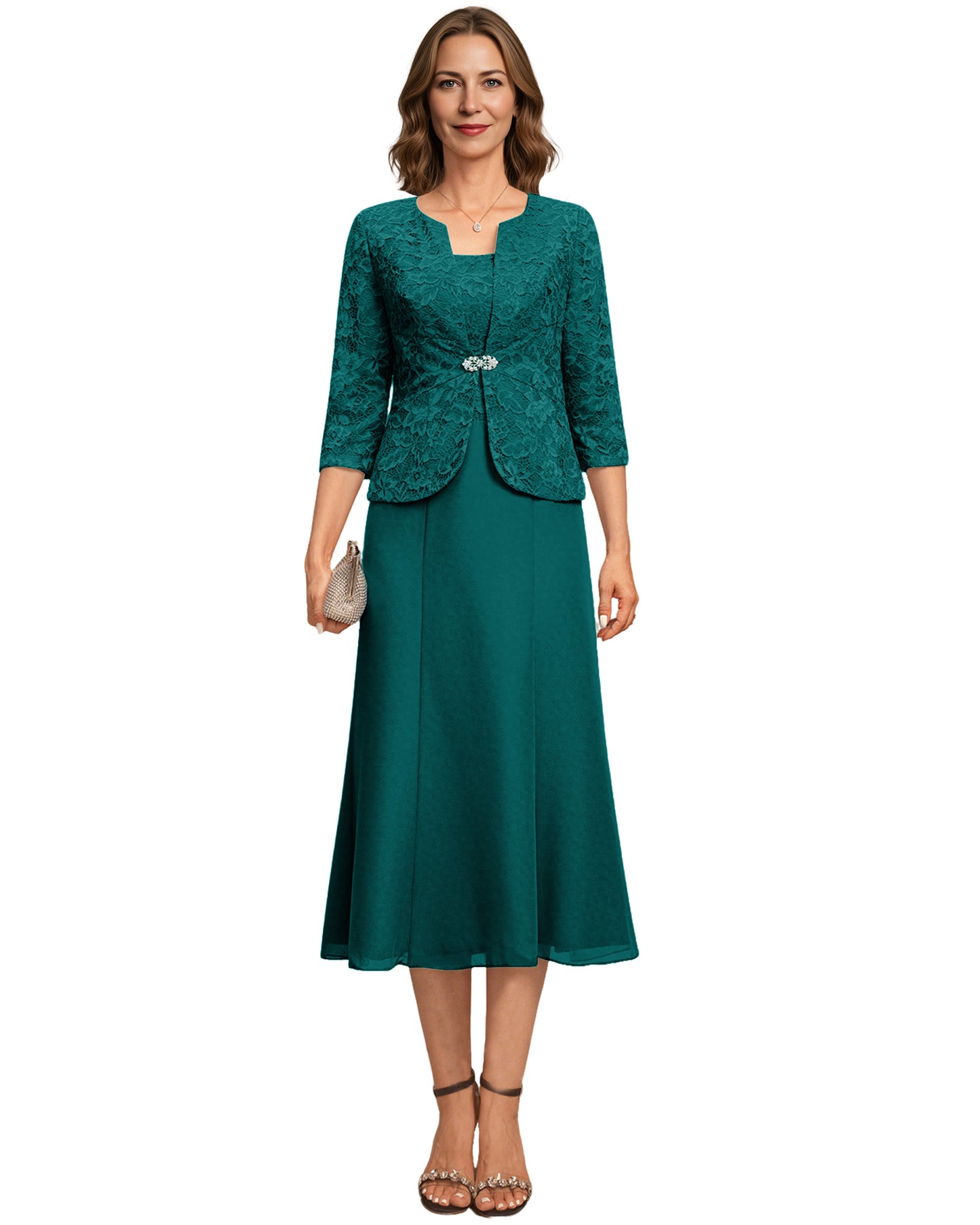 Tea Length Mother of the Bride Dress Lace Jacket Chiffon A-Line Wedding Guest Outfit