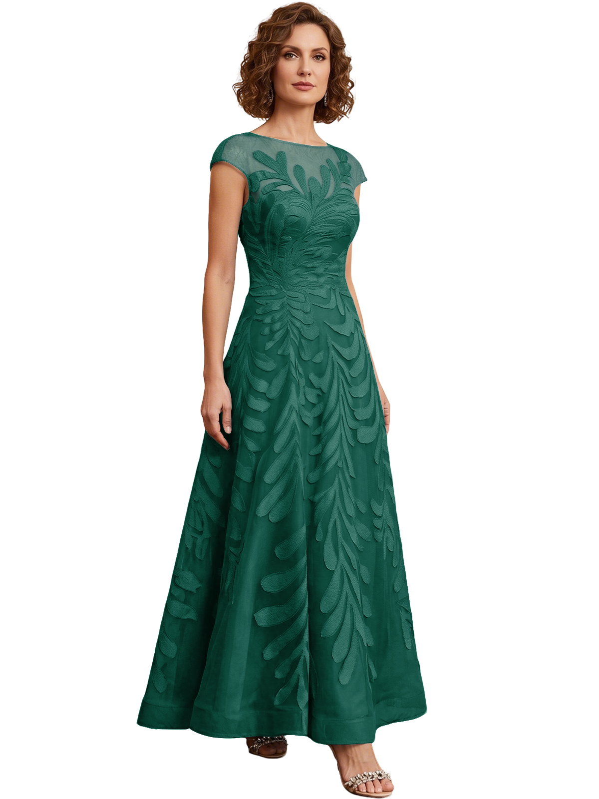 Embroidered Tulle Mother of the Bride Dress Long A-Line Gown with Illusion Cap Sleeves