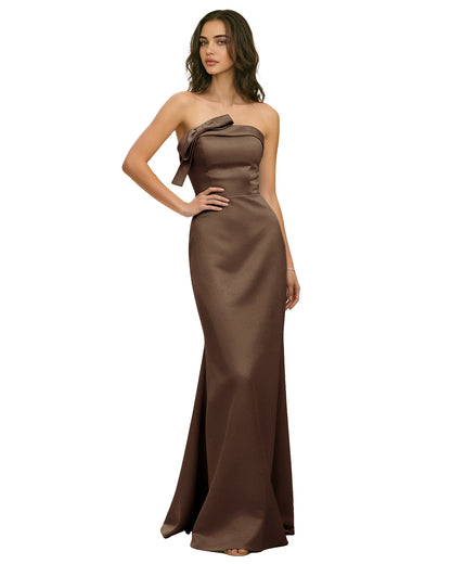 Strapless Satin Bridesmaid Dress with Draped Bodice and Side Slit