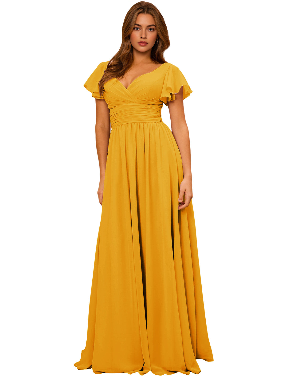 V-Neck Flutter Sleeve Chiffon Bridesmaid Dress with Empire Waist