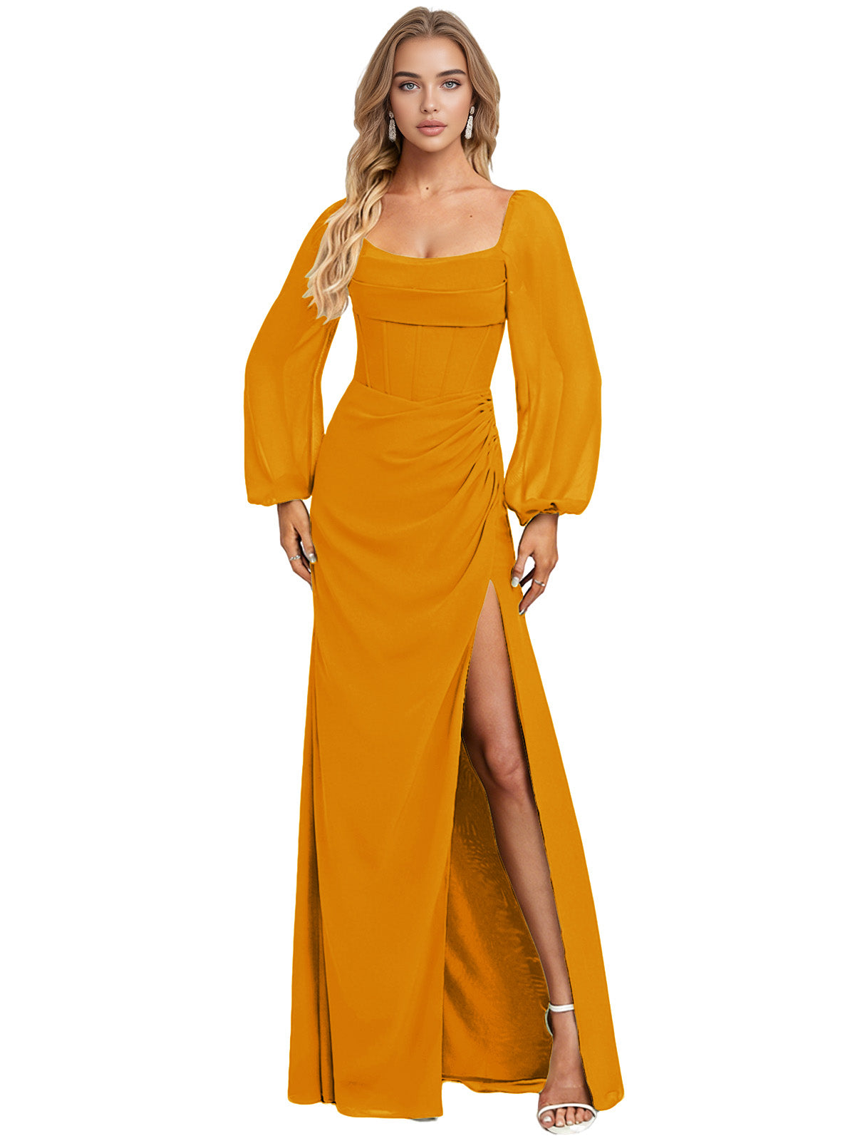 Square Neck Long Sleeve Satin Bridesmaid Dress with Side Slit