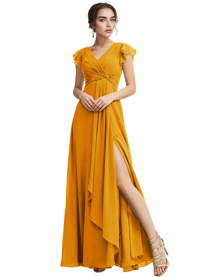 Cap Sleeve Chiffon Bridesmaid Dress with Ruffle V-Neck and Slit