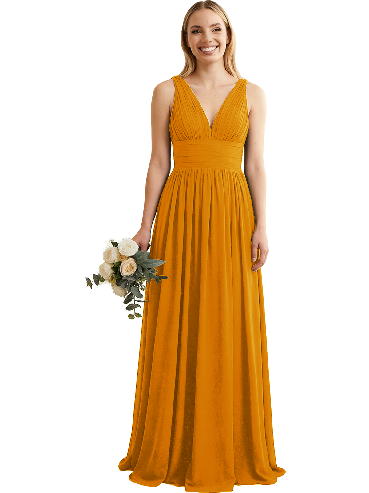 Deep V-Neck Chiffon Bridesmaid Dress with Pleated Waist