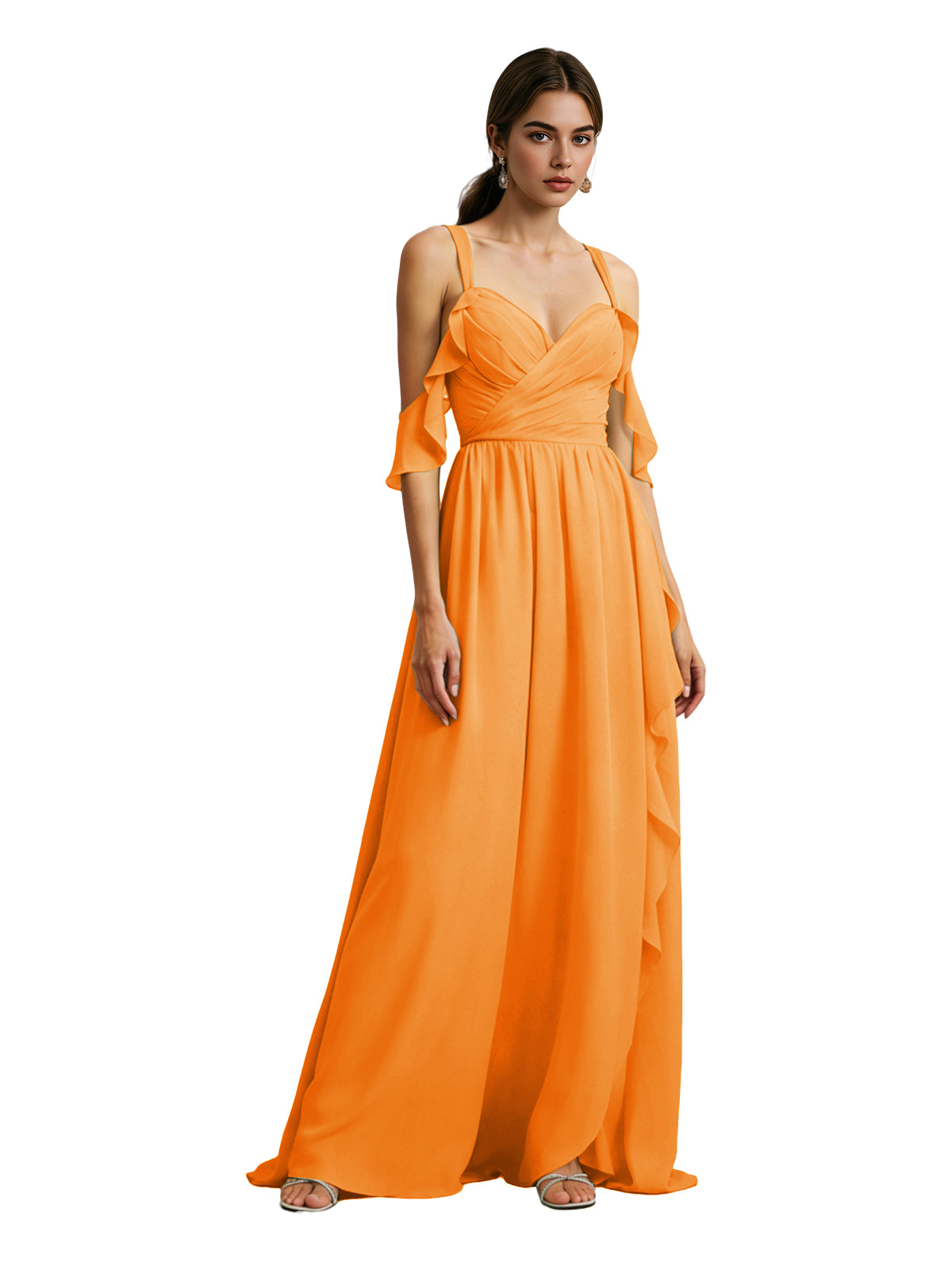 Cold Shoulder Chiffon Bridesmaid Dress with Draped V-Neck Bodice