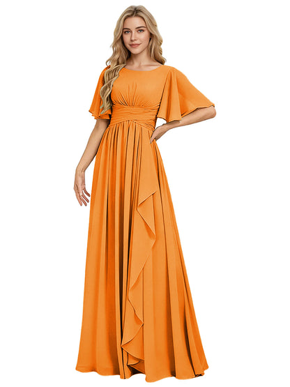 Flutter Sleeve Chiffon Bridesmaid Dress with Tiered Front Ruffle
