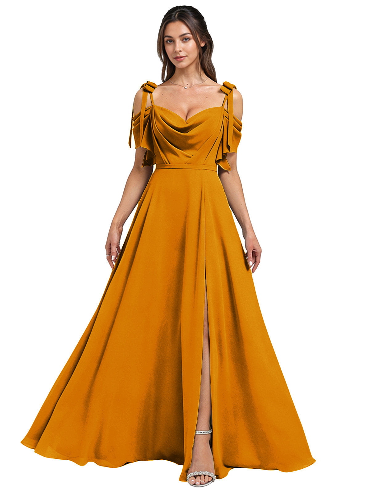 Cowl Neck Cold Shoulder Bridesmaid Dress with High Slit Chiffon Dress
