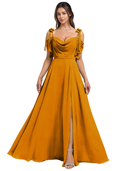 Cowl Neck Cold Shoulder Bridesmaid Dress with High Slit Chiffon Dress