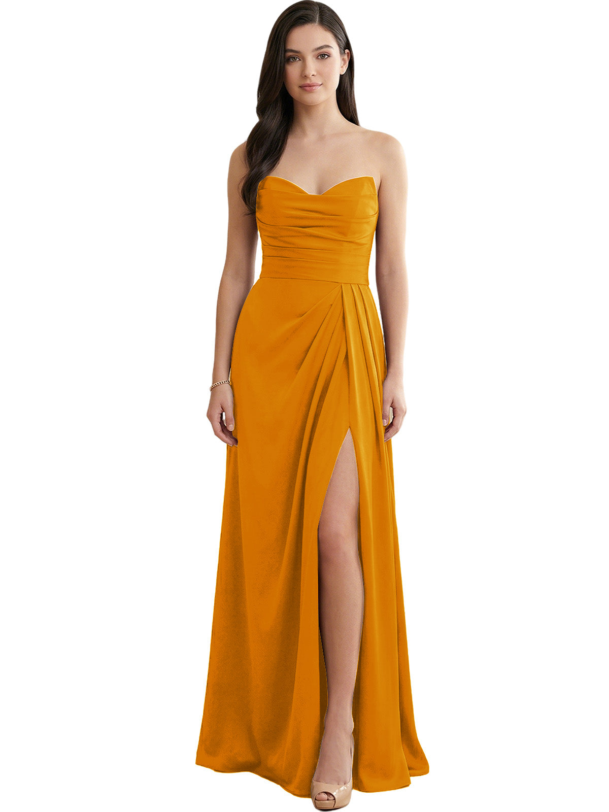 Strapless Pleated Satin Bridesmaid Dress with Side Slit