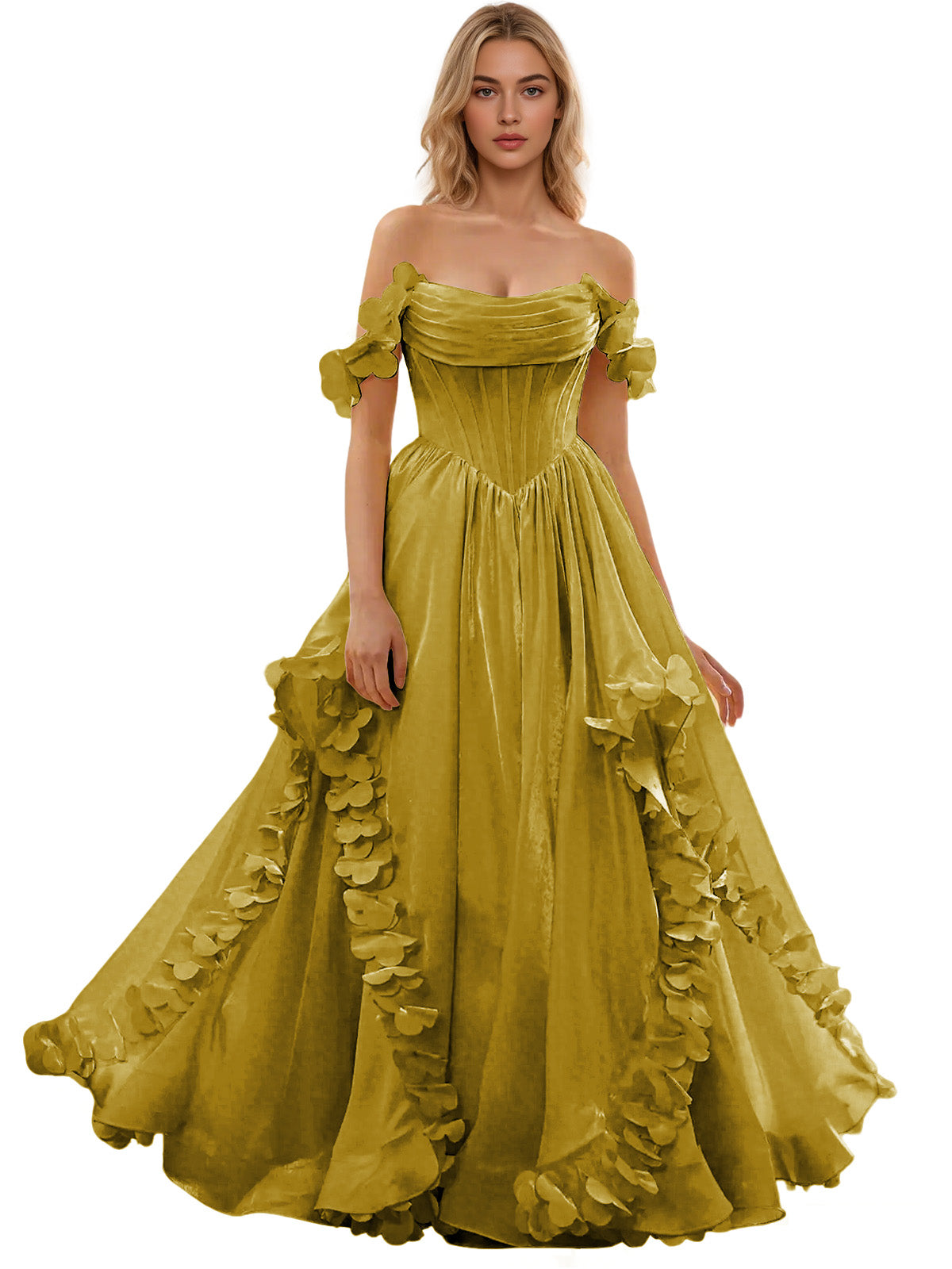 Off Shoulder Ruffle Tulle Ball Gown Prom Dress with Floral Applique