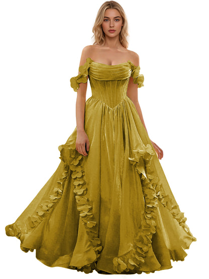 Off Shoulder Ruffle Tulle Ball Gown Prom Dress with Floral Applique
