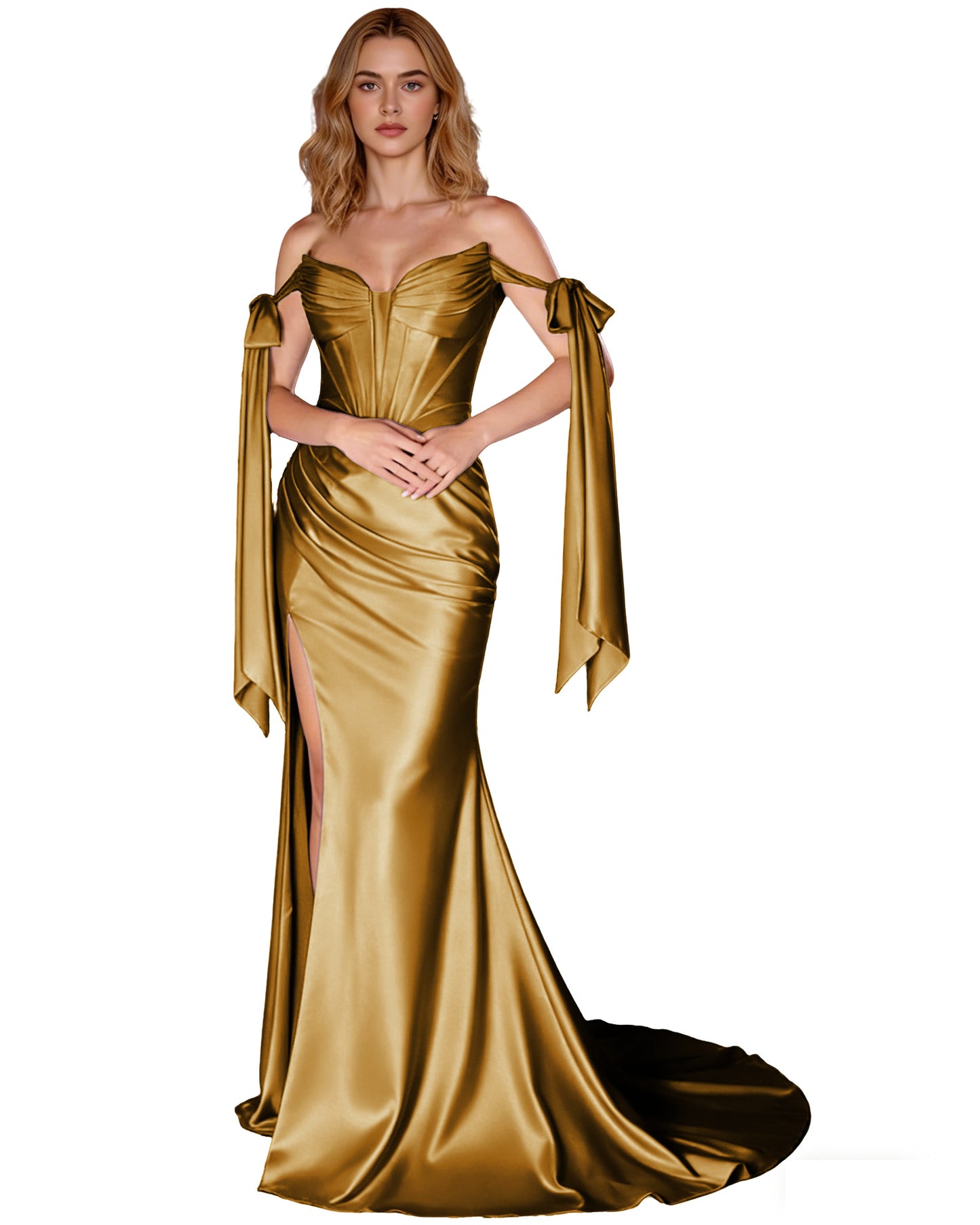 Off Shoulder Satin Mermaid Prom Dress with Detachable Long Sleeves