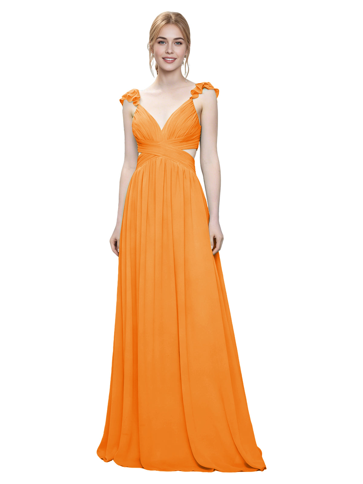 Ruffle Strap V-Neck Tulle Bridesmaid Dress with Pleated Waist