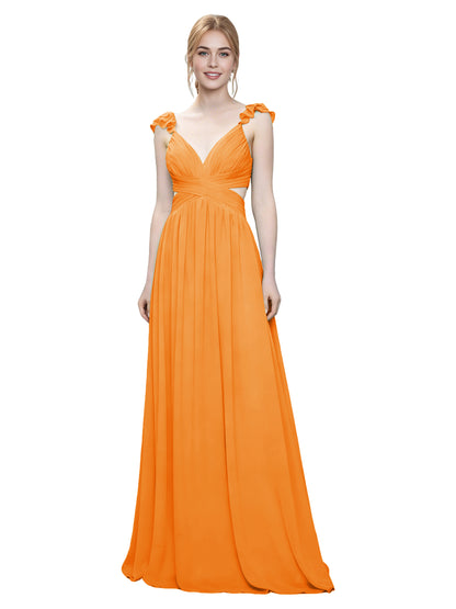 Ruffle Strap V-Neck Tulle Bridesmaid Dress with Pleated Waist