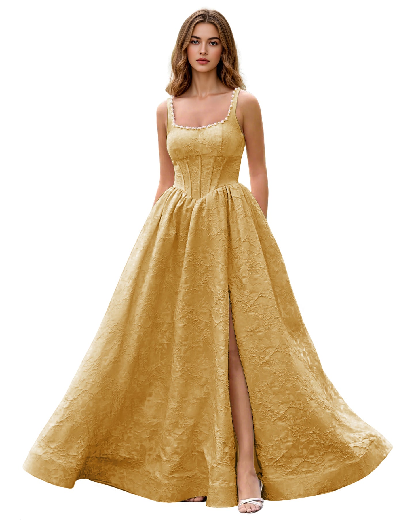Square Neck Jacquard Ball Gown Prom Dress with Wide Straps and Pockets