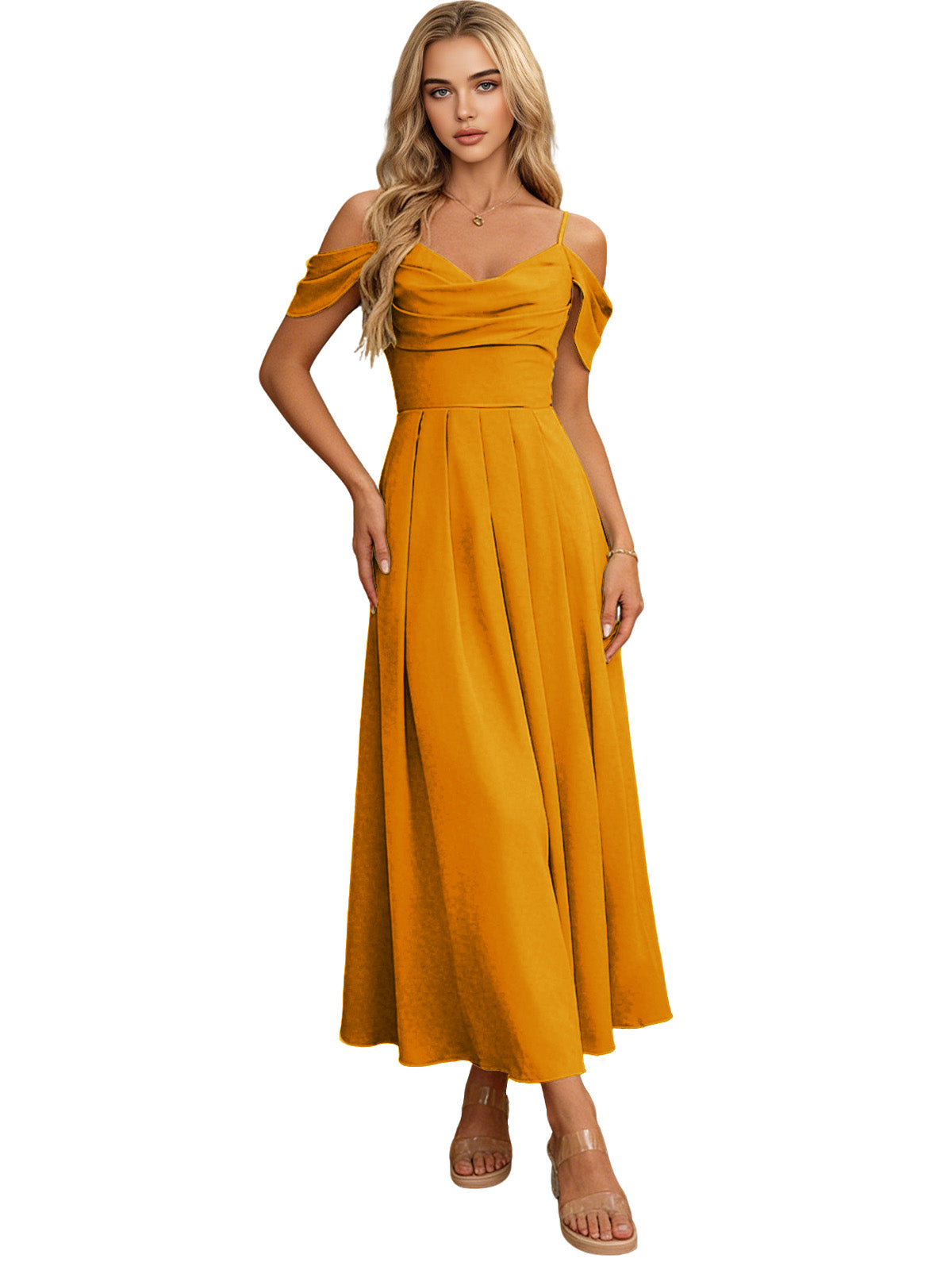 Off Shoulder Midi Bridesmaid Dress with Pleated Bodice and Flowing dress