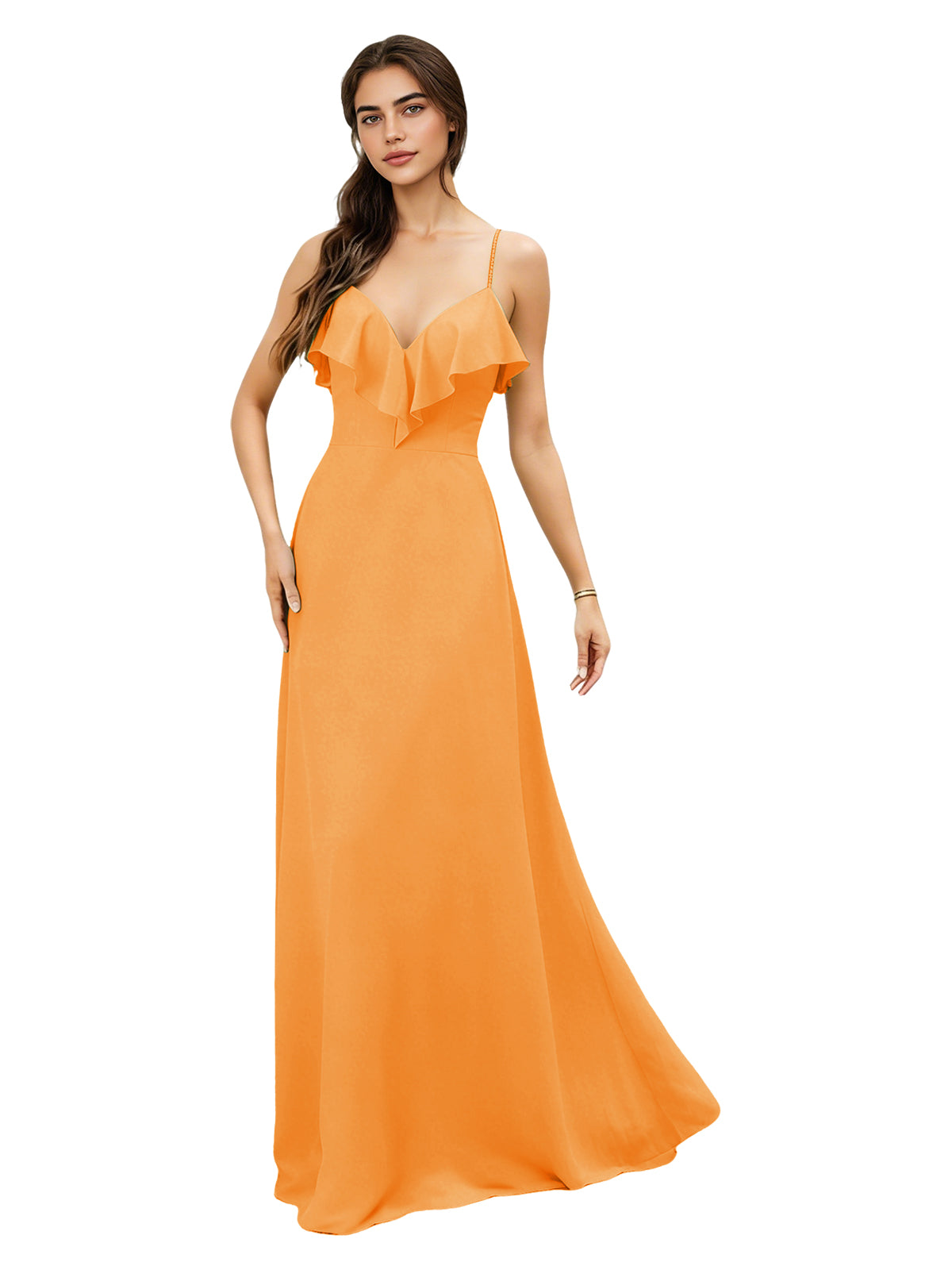 Ruffle V-Neck Chiffon Bridesmaid Dress with Spaghetti Straps