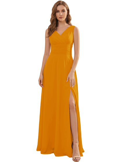 V-Neck Chiffon Bridesmaid Dress with Ruched Waist and Slit