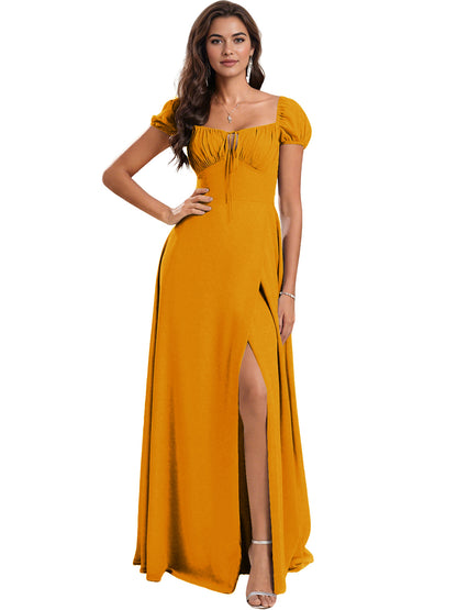 Ruched Short Sleeve Chiffon Bridesmaid Dress with Side Slit