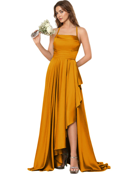 Open Back Halter Bridesmaid Dress with High Low Overlay dress