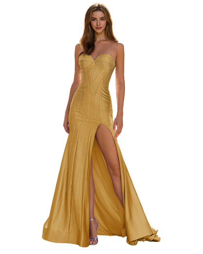 Strapless Sequin Column Prom Dress with Side Slit and Sweep Train