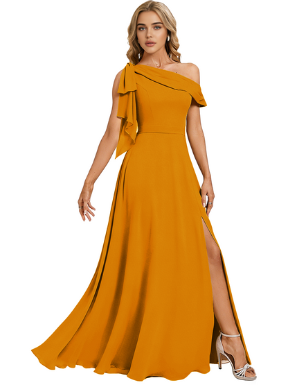 Asymmetric Off Shoulder Bridesmaid Dress with Draped Sleeve and Slit