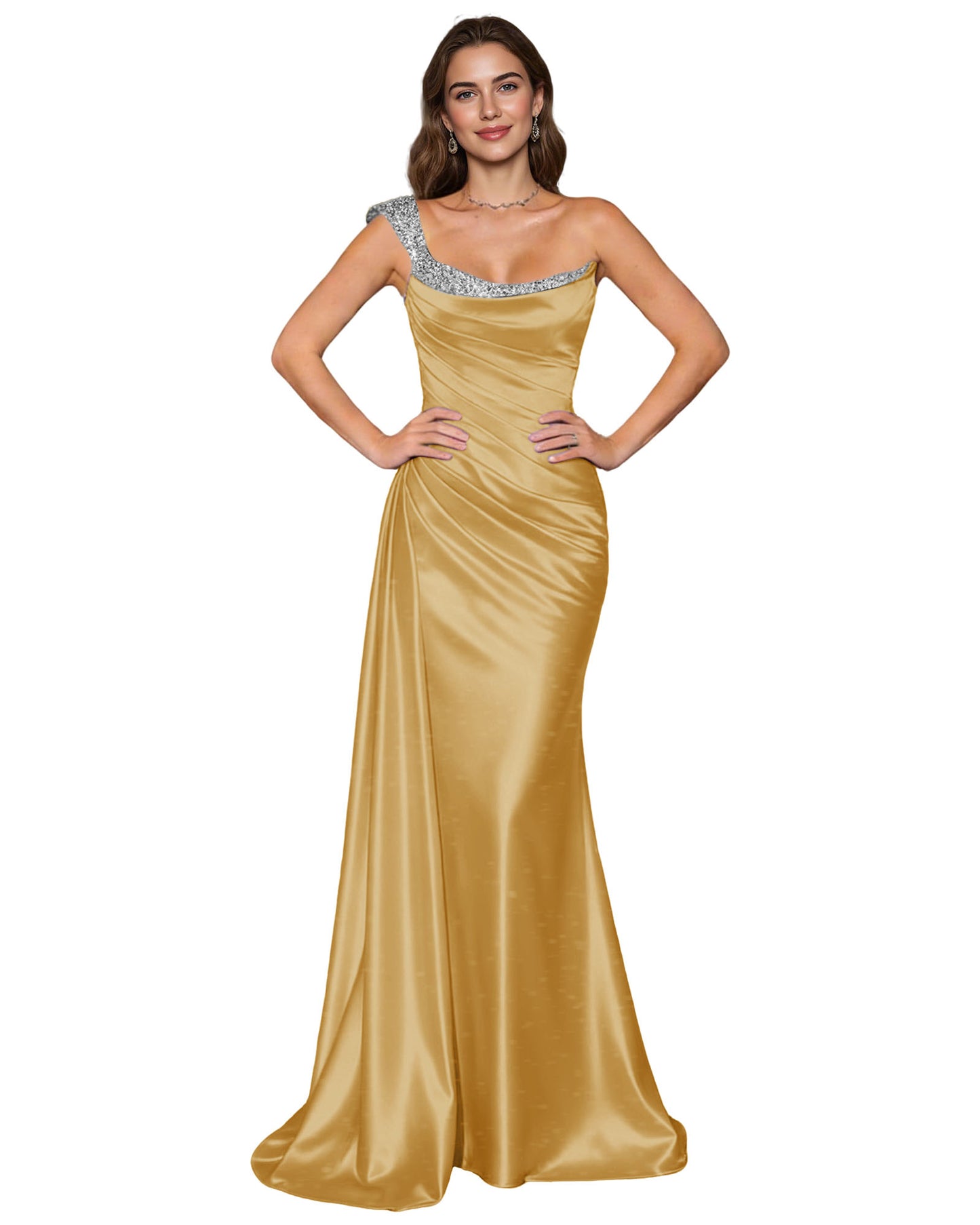 Spaghetti Strap Satin Mermaid Prom Dress with Draped Cowl Neck