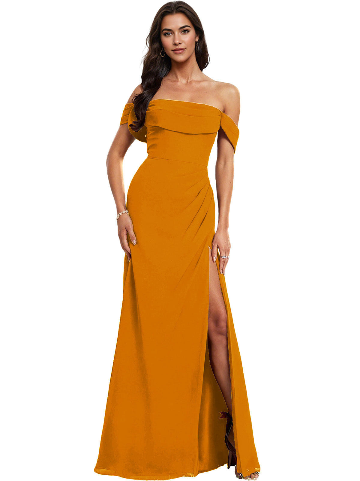 Off Shoulder Crepe Bridesmaid Dress with Foldover Neckline and Slit