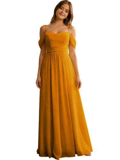 Off Shoulder Chiffon Bridesmaid Dress with Soft Pleated Bodice